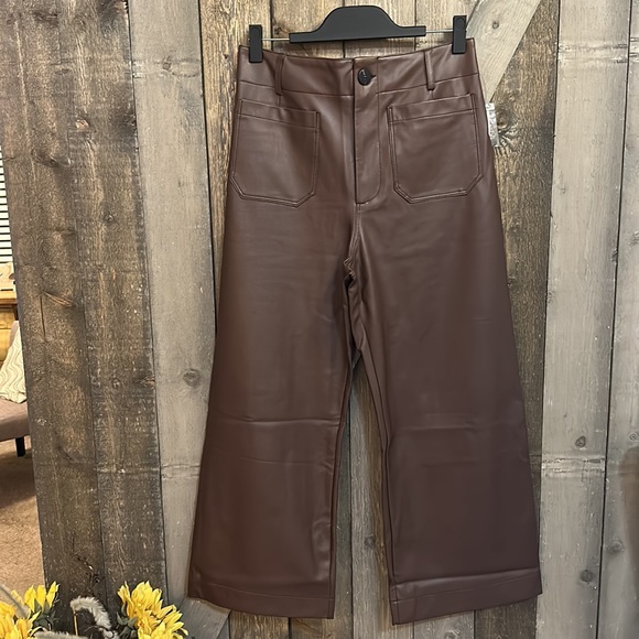 NWT Anthropologie Maeve The Colette Brown Cropped Wide-Leg Faux Leather Pants - Picture 5 of 12